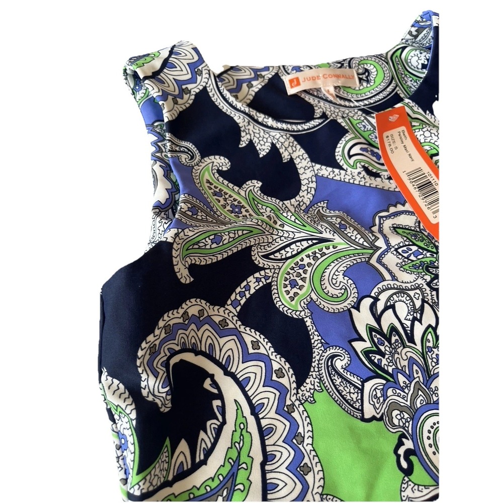 Jude Connally Beth Sleveless Shift Stretch Dress Blue Green Paisley Small Preppy - Picture 4 of 9